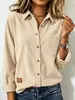 Outono Inverno Novo Listrado Lapela Manga Longa Feminina Veludo Cotelê Casual Solta Grossa Camisa Feminina Jaqueta com Emblema