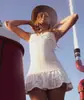 Vestido Sexy de Encaje Hueco Estilo Francés con Tirantes Finos y Cintura Fruncida, Vestido Corto Casual Ajustado Adelgazante para Mujer