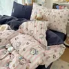 Juego de Cuatro Piezas de Gasa de Doble Capa Tejida, Funda de Edredón de Algodón Hinchado Fresca y Sencilla, Juego de Tres Piezas, Funda de Edredón de Algodón Lavado de Dibujos Animados para Dormitorio