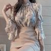 Diseño de Nicho Hombro Descubierto Retro Dulce Elegante Chifón Camisa Floral Top Francés Falda Corta de Cintura Alta Conjunto de Dos Piezas