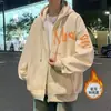 Moletom Grosso com Capuz e Cordão para Homens, Estilo Hong Kong Ins com Estampa de Letras Jaqueta com Zíper Outerwear