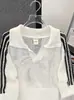 Design de Verão Malha Vazada Masculina Três Listras Respirável Seda de Gelo Fresco Solto Gola V Manga Curta Roupa de Praia