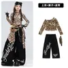 Figurino de dança jazz para meninas, conjunto de roupa de dança cropped com estampa de leopardo para crianças, roupa da moda street dance para desfile infantil, figurino de performance para meninas