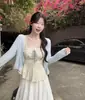 Conjunto de Ropa para Mujer Talla Extra con Ribete de Encaje Floral, Cardigán Camisola de Chifón con Lazos que Cubren el Vientre
