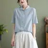 Camisa Casual Retrô de Cor Sólida de Botão Único Feminina Verão Novo Design de Sentido Nicho Para Ir ao Trabalho Literário Manga Curta Top Feminino