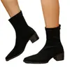 Botas de tornozelo femininas estilo francês em camurça com salto grosso, nova coleção outono/inverno, com zíper traseiro, bico quadrado, design slim, adequadas para o dia a dia, e de salto alto