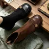 Botines elásticos ajustados con estampado de camelia para mujer, otoño e invierno, punta redonda, tacón grueso, diseño retro de patchwork, efecto adelgazante, adecuados para el trabajo y el uso diario