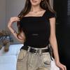 Nueva Camiseta Casual de Manga Tres Cuartos de Color Sólido con Escote Asimétrico para Mujer de Primavera Amazon Pg8677