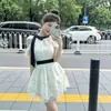 Vestido Elegante de Renda com Cadarço Estilo Francês para Mulheres, Vestido Curto Babydoll Princesa Doce Estilo Miu com Cintura Marcada e Barra Ampla
