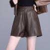 Shorts de Couro Haining para Mulheres, Cintura Alta Elástica, Tamanho Grande, Roupa Externa, Novo Estilo Primavera e Outono 2025, Shorts Boot Wide-Leg de Pele de Ovelha