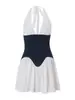 Vestido feminino estilo americano picante, com gola halter, decote em V profundo, patchwork de jeans, cintura ajustada, espartilho de barbatanas, saia curta evasê, sem mangas, corte A