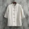 Camisa de Linho Respirável Leve Estilo Chinês Colarinho Mandarim Manga Curta Masculina Novo Casaco Tang Chinês Camisa Retro de Algodão e Linho