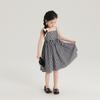 Vestido xadrez novo de verão para meninas, design de renda na gola, saia xadrez preto e branco, vestido infantil