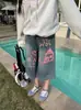 Jeans de Diseño Estampado de Dibujos Animados Retro Americano para Mujer, Pantalones Cortos de Pierna Recta Holgados Adelgazantes de Cintura Alta para Verano, Pantalones de Pierna Ancha
