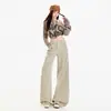 Jeans para Mujer Holgados de Pierna Ancha Plisados Retro Puro Algodón Largo Hasta el Suelo Color Té con Leche Pantalones Largos Color Té con Leche Extendido Yi Chun