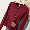 Camiseta de Manga Larga con Cuello Redondo y Botones Estilo Americano, Toma Real, para Mujer, Principios de Otoño, Corte Delgado, Versión Coreana, Camiseta Interior Base, Top Dulce Picante para Chica