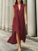 Vestido longo de verão francês sem mangas para mulheres, estilo europeu e americano, elegante e estiloso, com gola alta e fenda alta.