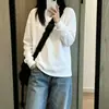 Blusa branca básica de manga comprida para mulheres, casual oversized, estilo ins americano para o trabalho, modelagem relaxada, camiseta 100% algodão