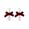Pendientes de Borla con Lazo Flocado Rojo Vintage de Aguja de Plata Otoño e Invierno Ins Año Nuevo Rojo Vino Bola de Pelo Pendientes de Perlas