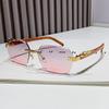 2025 Nuevas Gafas de Sol Retro Europeas y Americanas Transfronterizas con Color Degradado, Patillas de Imitación Madera, Borde Decorado de Leopardo, Gafas de Sol Sin Montura para Hombre