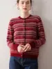 Cardigã de Caxemira para Mulheres 100% Caxemira Pura Outono e Inverno Fair Isle Retro Jacquard Contrastante Gola Redonda Manga Longa Jaqueta Suéter