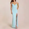 Vestido largo de estilo europeo y americano con cuello en V y tirante fruncido para mujer, vestido de fiesta bodycon ajustado con abertura, venta al por mayor transfronteriza