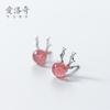 Pendientes de plata de ley S925 con astas pequeñas, alce navideño, fresa y cristal, corazón de niña dulce, cristal rosa, E9811