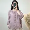 Camisa de Algodón y Lino para Mujer con Cuello Redondo, Bordada, Casual, Versátil, Holgada, Adelgazante, Nueva Camisa de Manga Larga Transpirable Verano 2024 para Mujer