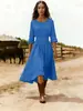 Nuevo vestido de algodón y lino de color liso, cuello redondo, manga larga, entallado a la cintura, estilo cruzado europeo y americano para mujer, longitud media, estilo casual de vacaciones, azul