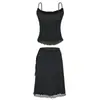 Conjunto de camisola curta justa de gola redonda com renda de bolinhas aveludada + saia de tule de cintura alta com amarração, puramente desejável