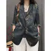 Ropa de Verano para Mujer de Algodón y Lino Estilo Nuevo Estampada Retro Holgada Elegante Casual Versátil Chaqueta Traje de Manga Larga