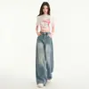 Jeans wide leg soltinho estilo retrô americano para mulheres, cintura alta, emagrecedor, calça de perna reta para baixinhas, calça longa azul vintage