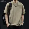 Camiseta Masculina de Manga Curta com Textura em Lyocell Tencel Linho, Novo Estilo Workwear, Leve, Secagem Rápida, Roupa de Marca Tendência, Corte Solto, Tamanho Grande