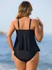 Tankini negro conservador de estilo europeo y americano con cuello halter, frente fruncido y falda acampanada, diseñado para cubrir el abdomen y crear un efecto adelgazante, traje de baño de dos piezas para mujer