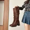 Botas Plegables de Tacón Alto Apilado Chuyuji de Gamuza Retro de Dos Formas, Botas Largas, Suela Gruesa, Tacón Grueso, Marrón, Estilo Occidental Maillard