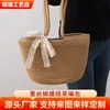 Bolso de Paja con Lazo de Encaje, Bolso Tote Grande de Hombro para Mujer, Bolso Tejido de Cuerda de Algodón, Bolso de Hombro, Bolso de Playa