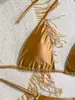 2026 En Stock Traje de Baño de Dos Piezas para Mujer Estilo Europeo y Americano, Color Sólido, con Cuello Halter y Correa para Atar, Bikini Sexy de Tres Puntos para Mujer de Verano