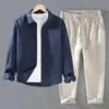 Nuevo traje de lino para hombre de comercio exterior transfronterizo: conjunto de dos piezas de algodón y lino, talla grande, camisa de color liso + pantalones casuales de pierna recta