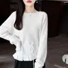 Suéter de Punto de Lana Pura Off-Shoulder Nuevo Invierno 2026 para Mujer, Manga Larga, Color Sólido, Suéter de Lana con Diseño de Corbata