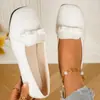 Zapatos de cuero de estilo británico de suela plana retro, mocasines plegables sin cordones para mujer, cómodos en colores negro y blanquecino