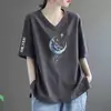 Comércio Exterior Transfronteiriço Roupas de Verão para Mães Estampadas Decote V Solto Tamanho Grande Casual Elegante Camiseta Feminina para Mulheres de Meia-Idade
