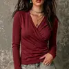 Ropa de Otoño Nueva Transfronteriza Europea y Americana para Mujer Camisa de Manga Larga Plisada con Cuello Cruzado Top Casual Mujer