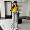 Pantalones Casuales de Chicas Estilo Coreano con Estampado de Estrellas Retro Bloque de Color Cintura Elástica Holgados Caída Ancha Pantalones de Punto