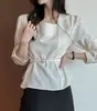 Blusa feminina chic coreana estilo francês, gola quadrada, amarração na cintura, inspirada em Chanel, para o início do outono, cor sólida, top de trama grossa