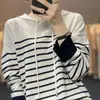 Suéter de Punto de Lana Fina de Estilo Nuevo de Primavera con Capucha, Bloques de Color y Rayas, Mangas Divididas, Holgado Casual Juvenil para Mujer