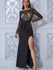 Vestuário feminino europeu e americano transfronteiriço nova cintura babada manga comprida lantejoulas transparentes Sexy Slim vestido de comprimento dividido