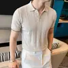 Camisa Polo de Verão 2026 Nova Estilo Old Money Mistura de Liocel e Linho para Homens, Amiga da Pele, Respirável, Manga Curta, Camiseta Listrada Vazada