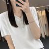 Suéter Feminino de Algodão Puro com Decote V Fino de Manga Curta para o Verão, Simples, Emagrecedor, Manga Meia-Manga, Estilo Ocidental, Moda, Top Curto de Cor Sólida