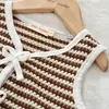 Conjunto de Dos Piezas de Verano Nuevo para Niñas: Chaleco de Rayas Retro con Lazo y Pantalones Largos, Conjunto de Punto Estilo Europeo y Americano Transfronterizo para Niñas