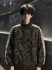 Sudadera chaqueta retro americana con estampado de leopardo y tres rayas para hombre y mujer, chaqueta cárdigan de retazos a rayas de alta costura para otoño e invierno con cuello alto